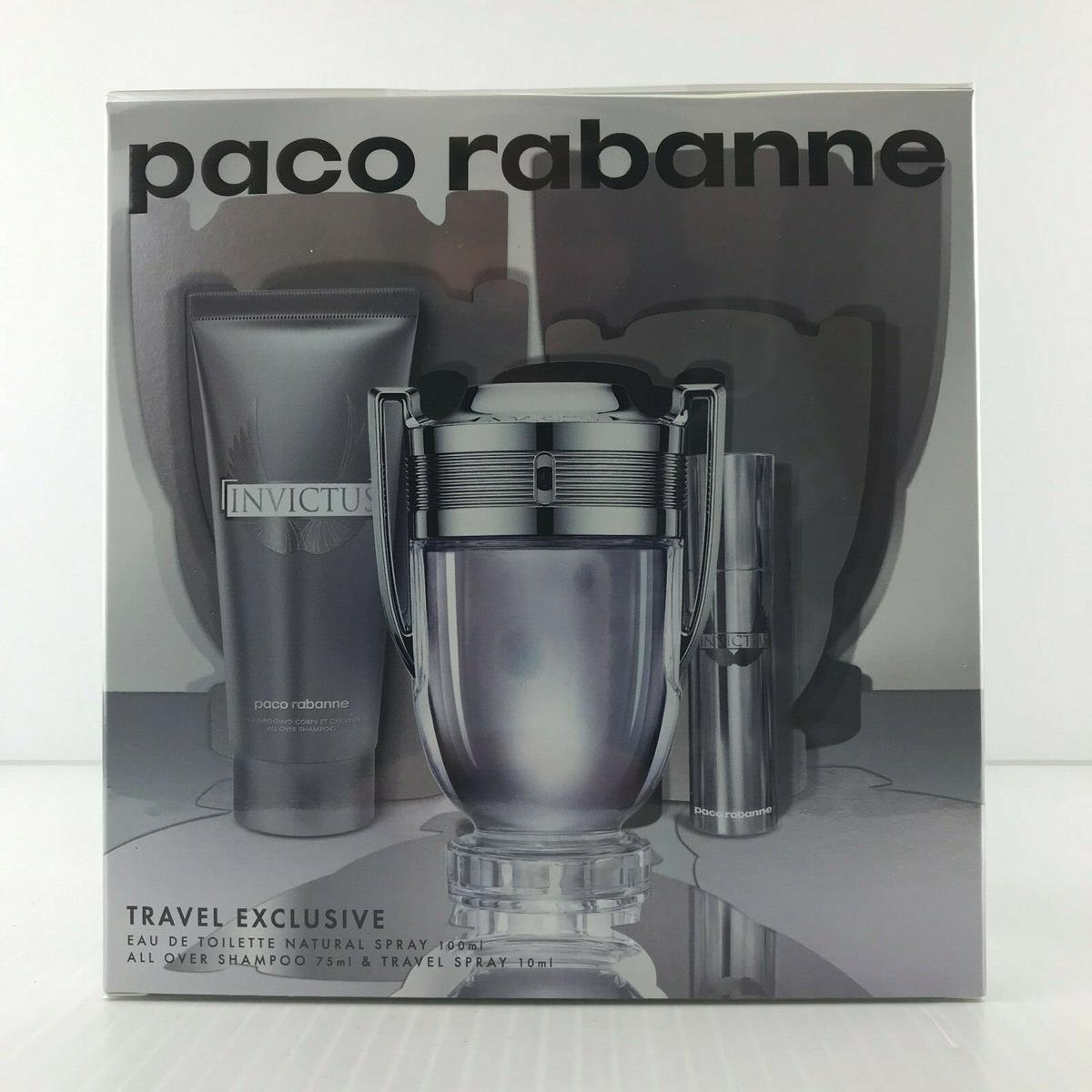 Paco Rabanne Invictus 3pc Set Men Cologne Spray 3.4 oz Shampoo Travel Spray