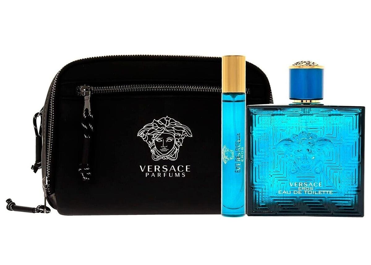 VERSACE EROS Cologne for MEN 3 pcs GIFT SET 3.4 oz EDT Spray + Travel + TROUSSE