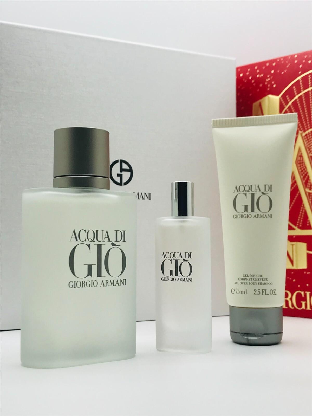 Acqua Di Gio 3pc Set Men Cologne Spray 3.4 oz Shampoo 2.5 o & Travel Spray .5 oz