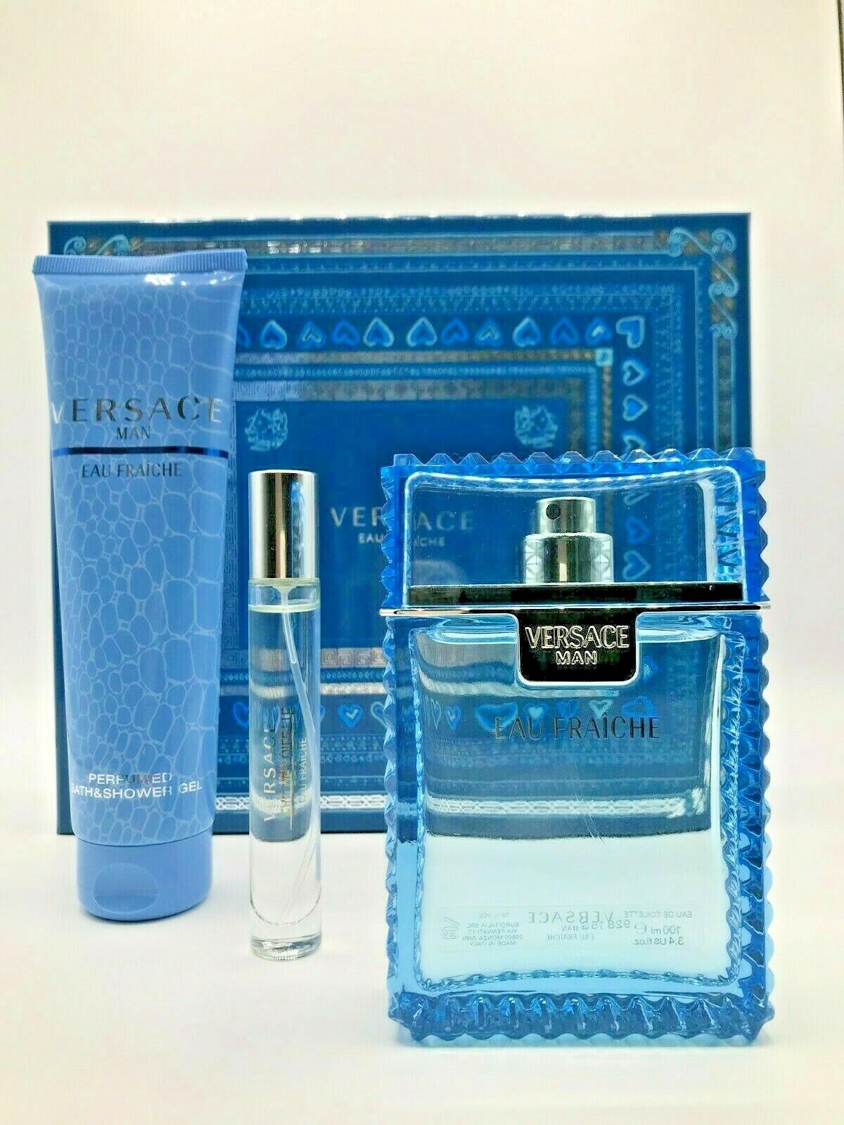 Versace Eau Fraiche 3pc Set Cologne Spray 3.4 oz Travel Spray S/Gel 5.0 Huge