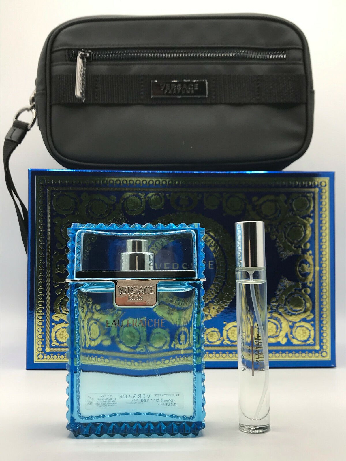 Versace Eau Fraiche Men 3pc Set Cologne Spray 3.4 oz Travel Size .34 oz and Bag