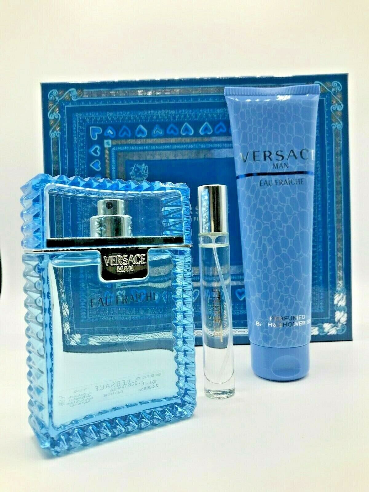 Versace Eau Fraiche 3pc Men Set Cologne Spray 3.4 oz Travel Spray Shower Gel 5.0