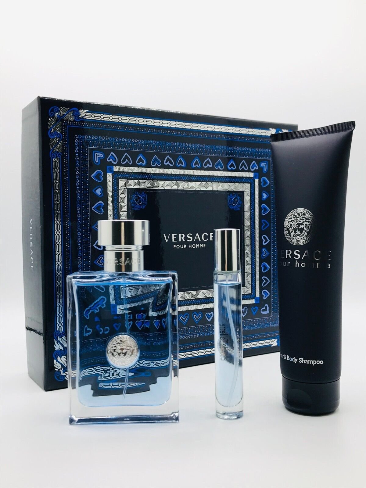 Versace Pour Homme Men 3pc Set Cologne Spray 3.4 oz Travel Spray Shower Gel