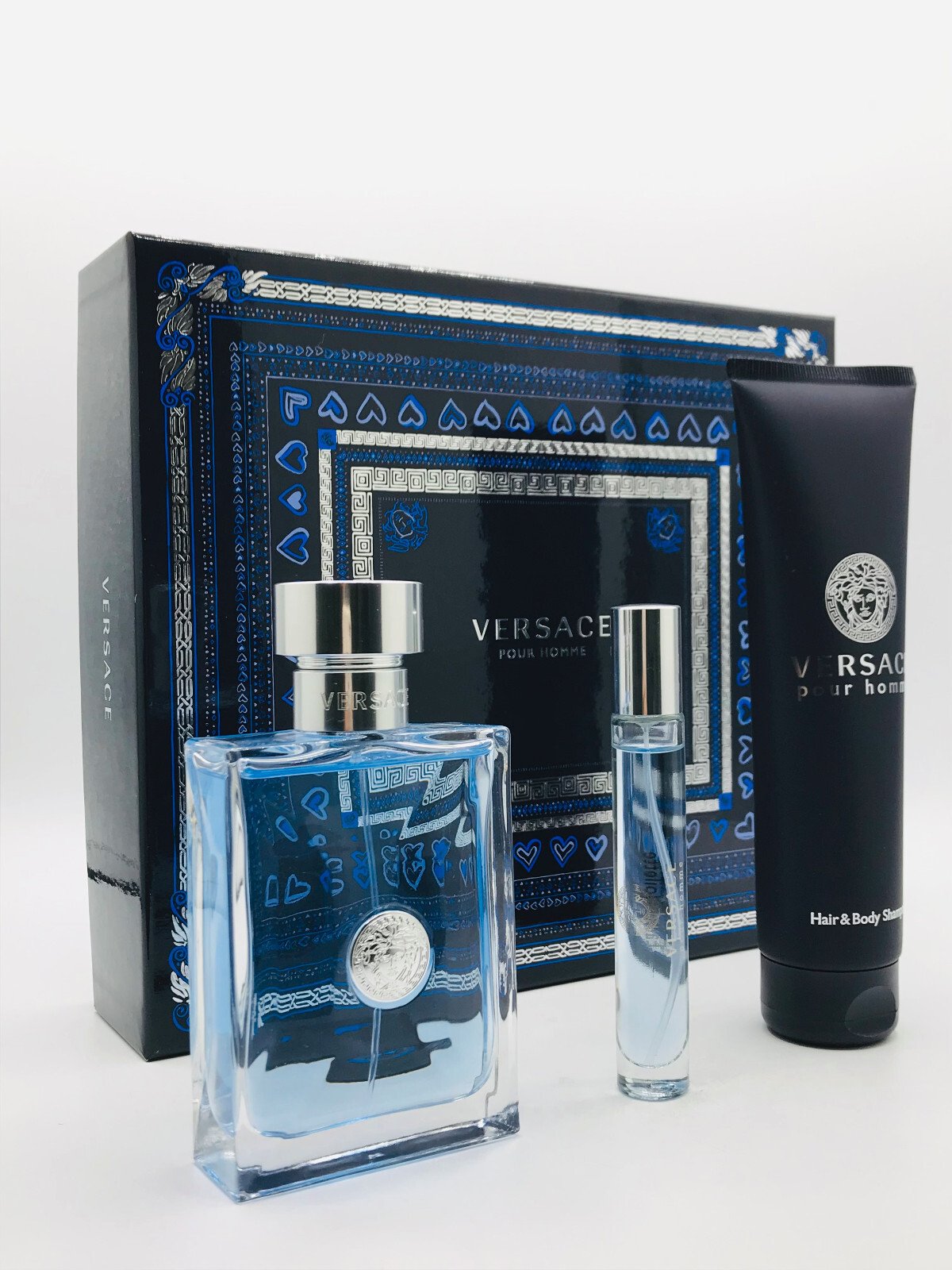 Versace Pour Homme Men 3pc Set Cologne Spray 3.4 oz Travel Spray Shower Gel