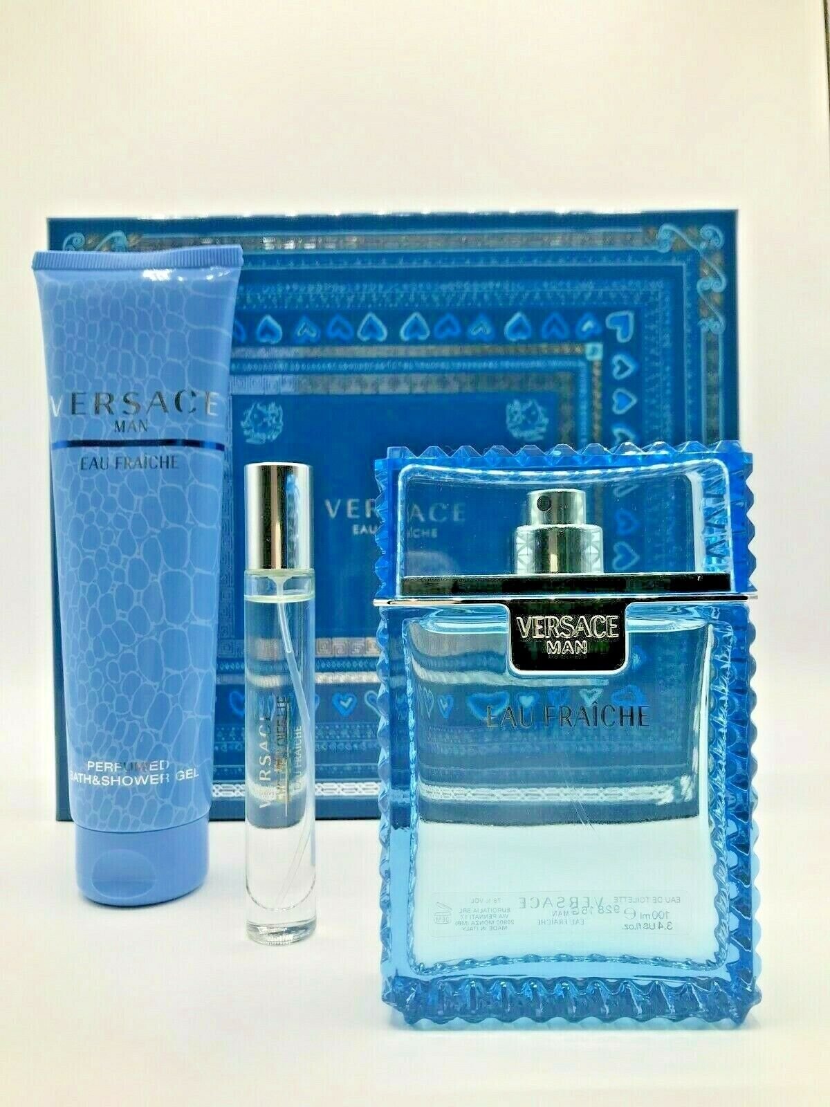 Versace Eau Fraiche 3pc Set Cologne Spray 3.4 oz Travel Spray S/Gel 5.0 Huge