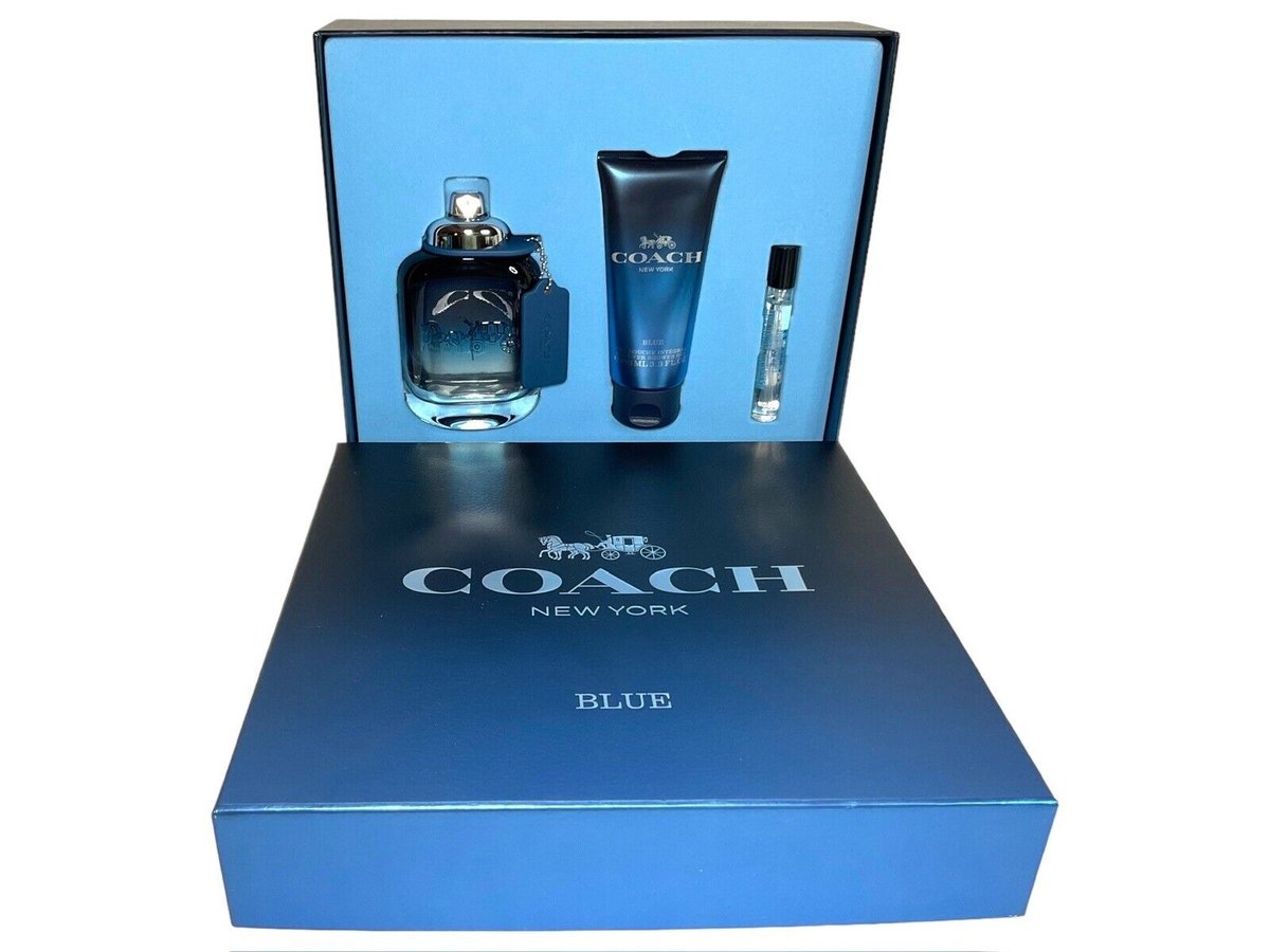 Coach New York Blue 3pc Mens Gift Set. Cologne, Shower Gel & Travel Size Cologne